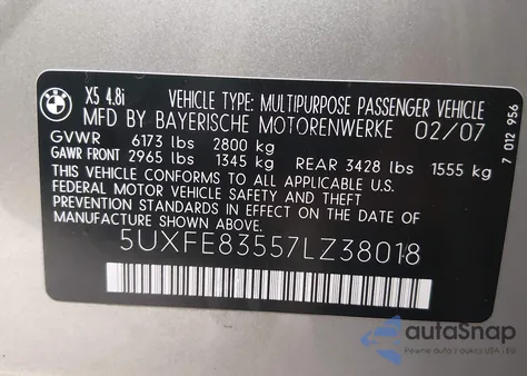 2007 BMW X5 4.8I z USA, uszkodzony, nr VIN 5UXFE83557LZ38018